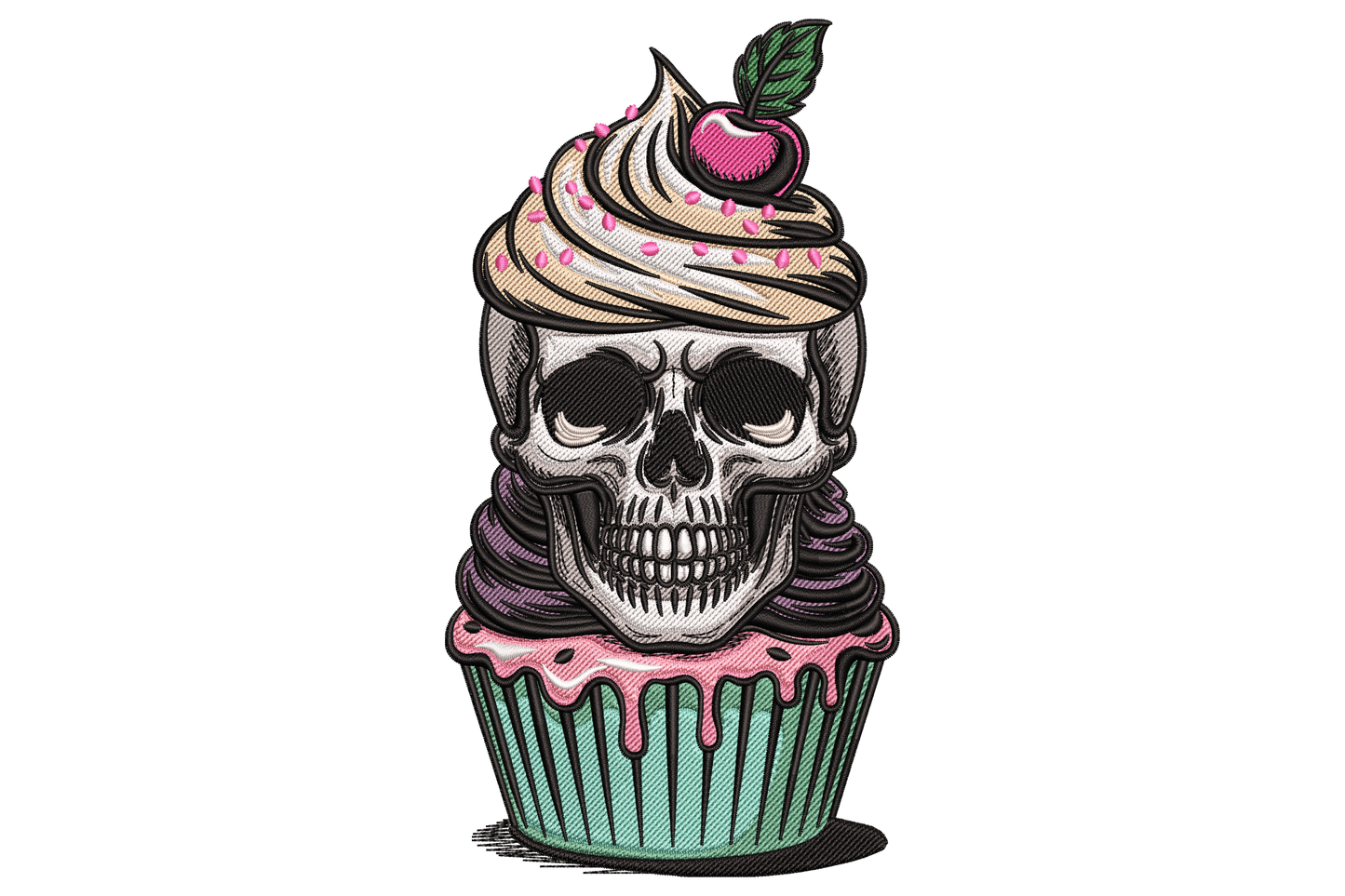 Skull cupcake embroidery, vintage bone skull in teal striped liner with pink frosting drip and cherry on top