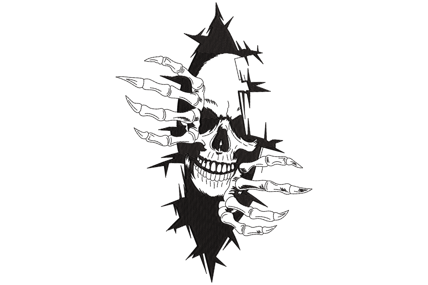 Black embroidery of a grinning skull with skeleton hands ripping through a jagged tear, surrounded by sharp spike fragments, single colour design.