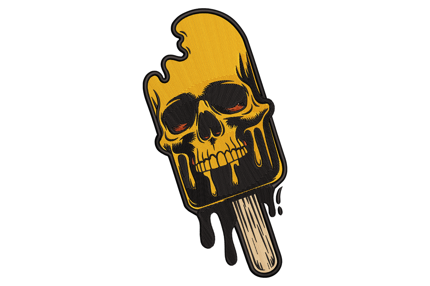 Skull popsicle embroidery, white skull dome with dark eye sockets, grinning teeth and drip accents on a stick.