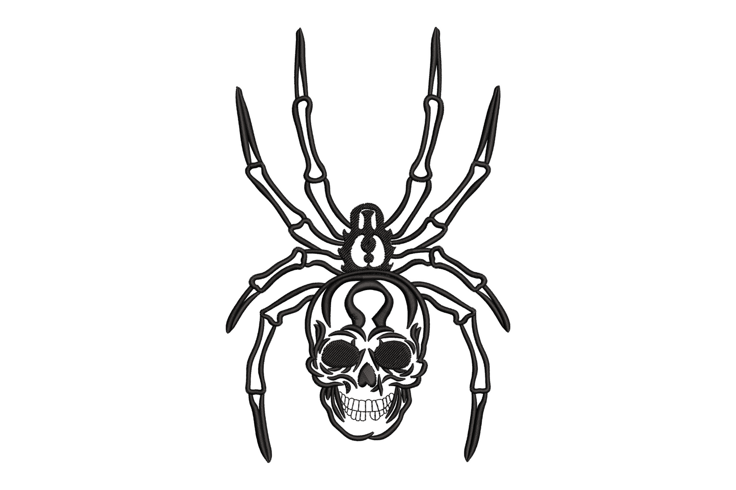 Skull spider halloween embroidery design with human skull body and eight articulated legs, tattoo style black thread, 5 sizes from 2.3 to 4.9 inches wide