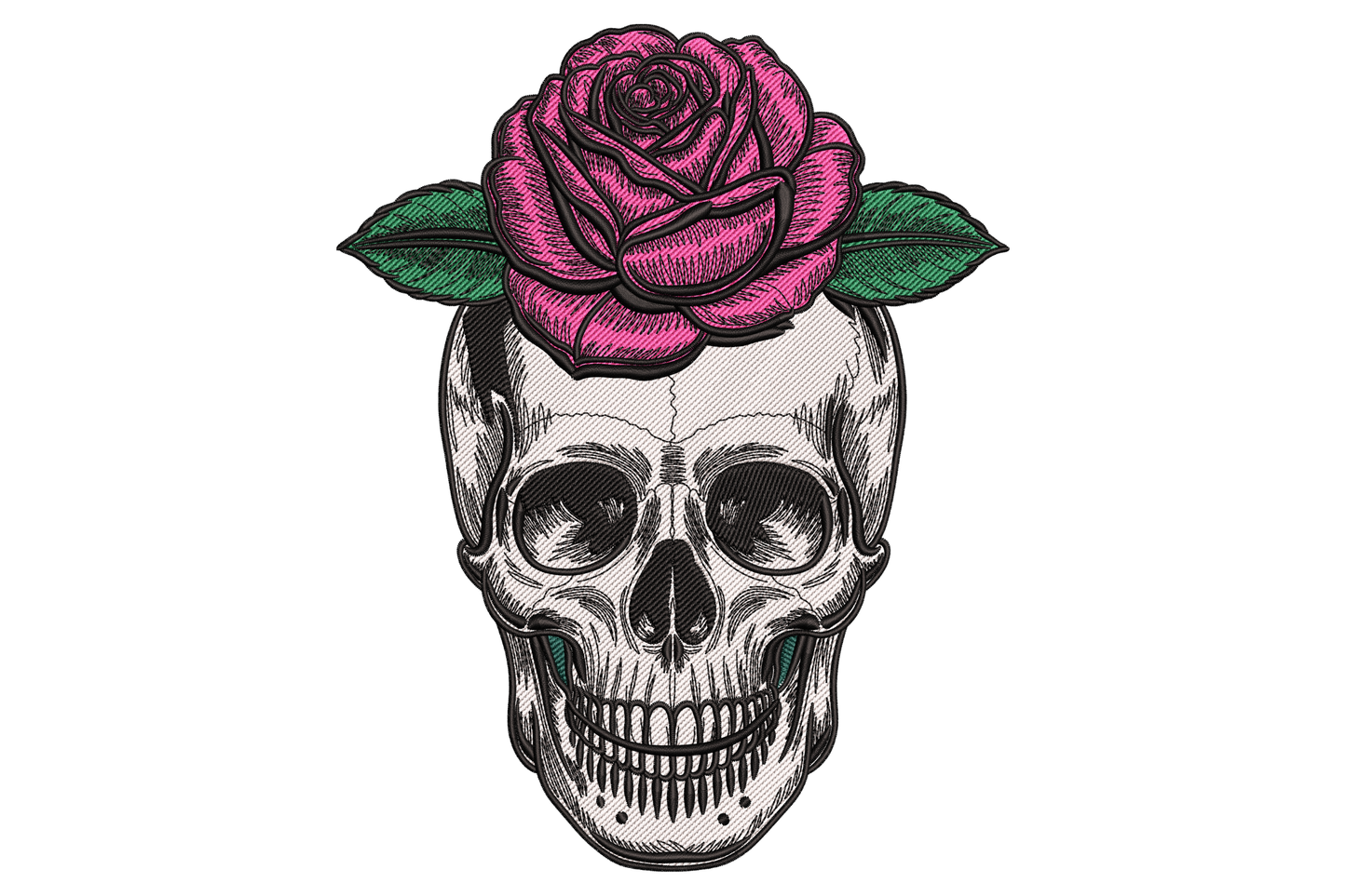 Skull pink rose embroidery, front facing bone white skull crowned with hot pink rose and dark forest green leaves