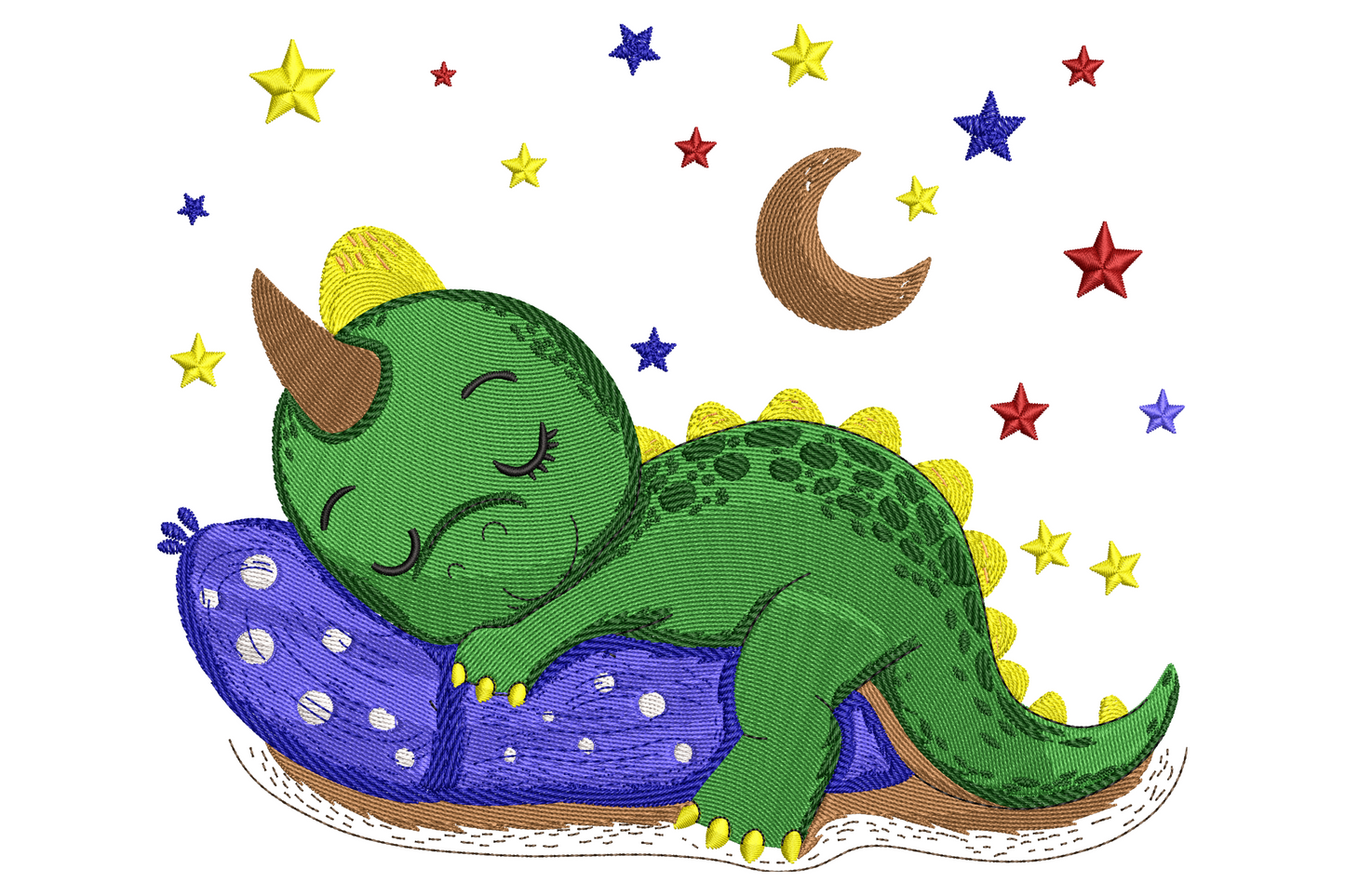 Sleeping baby dinosaur embroidery, green dino with yellow horn and back spikes resting on purple polka dot pillow with stars