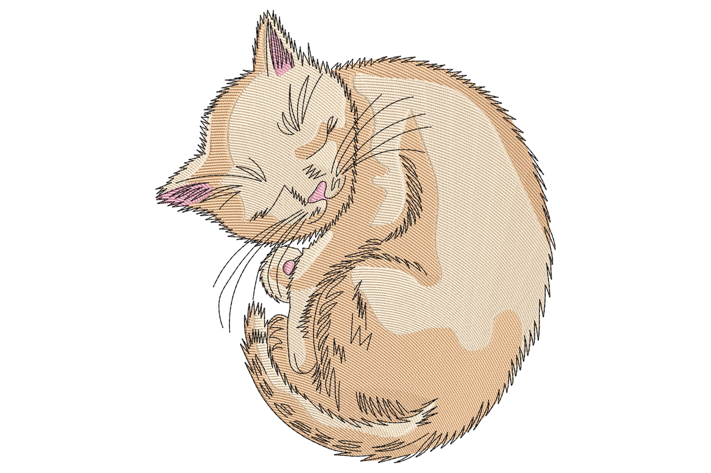 Sleeping cat embroidery design with cat in loaf position, 4-colour directional fur stitching in warm grey, cream, charcoal and dusty peach.