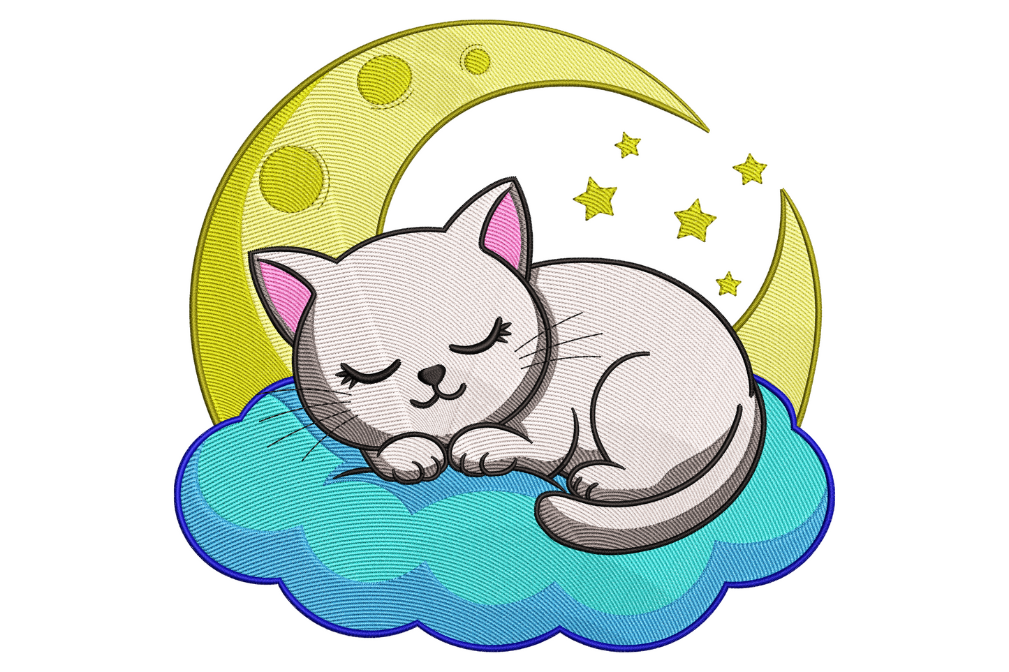 Embroidery of a white sleeping kitten curled on a blue cloud with a yellow crescent moon and tiny stars behind.