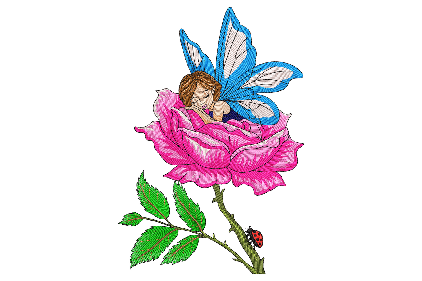 Sleeping fairy rose embroidery design, tiny fairy napping on large pink rose with blue wings spread, red ladybug on stem.