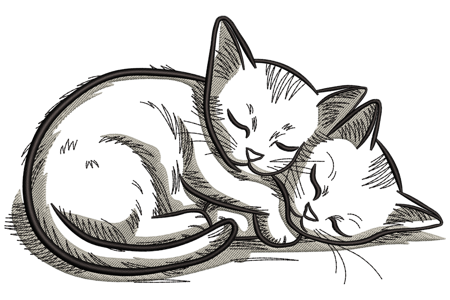 Kitten curled up asleep with tail wrapped around body, drawn in soft grey and black pencil-sketch line art embroidery design.