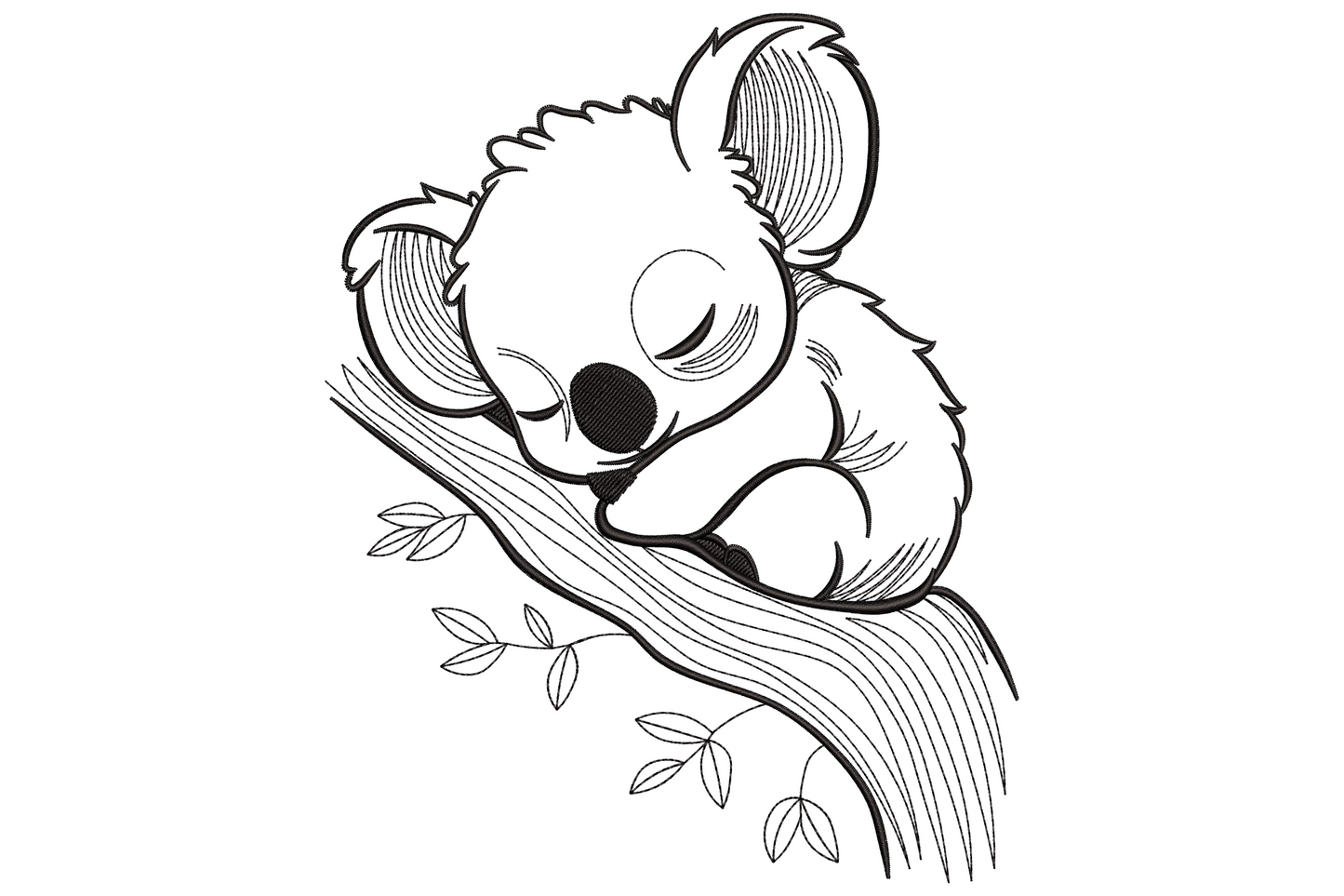 Sleeping koala line art embroidery design with the koala napping on a eucalyptus branch in a single black outline.