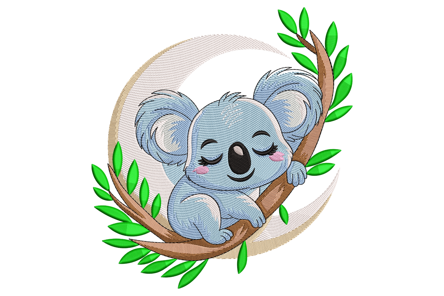 Sleeping baby koala embroidery napping on a brown branch with cream moon backdrop and green eucalyptus leaves.