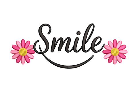 The word 'Smile' with pink flowers embroidery design