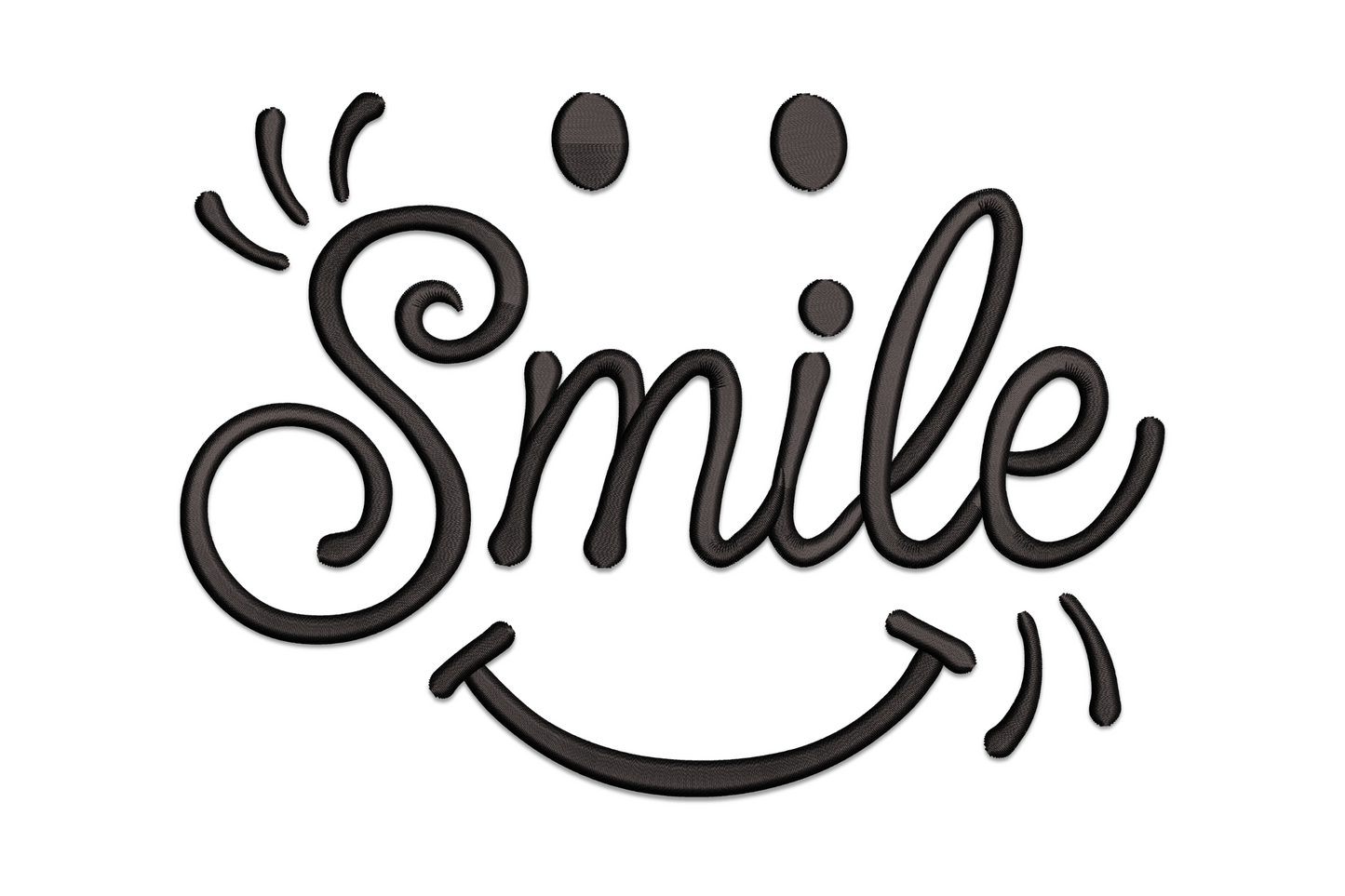 Smile cursive script embroidery design with a tiny smiley face as the dot on the letter i, single colour, flowing hand-lettered style