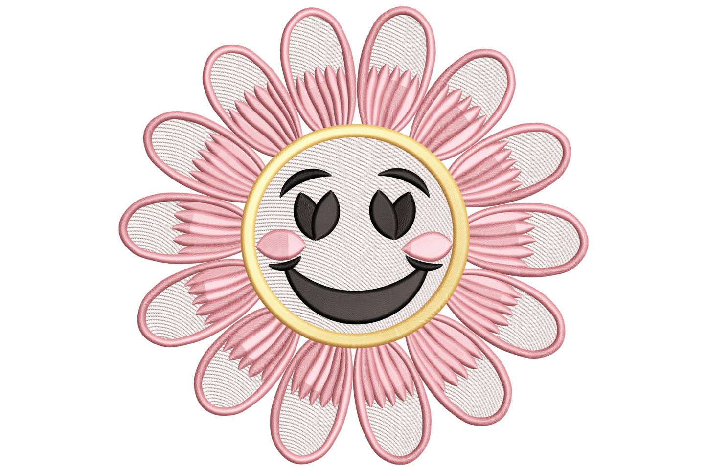 Kawaii smiley flower face embroidery with sunshine yellow petals, dot eyes, wide grin and pink rosy cheeks on white cotton.