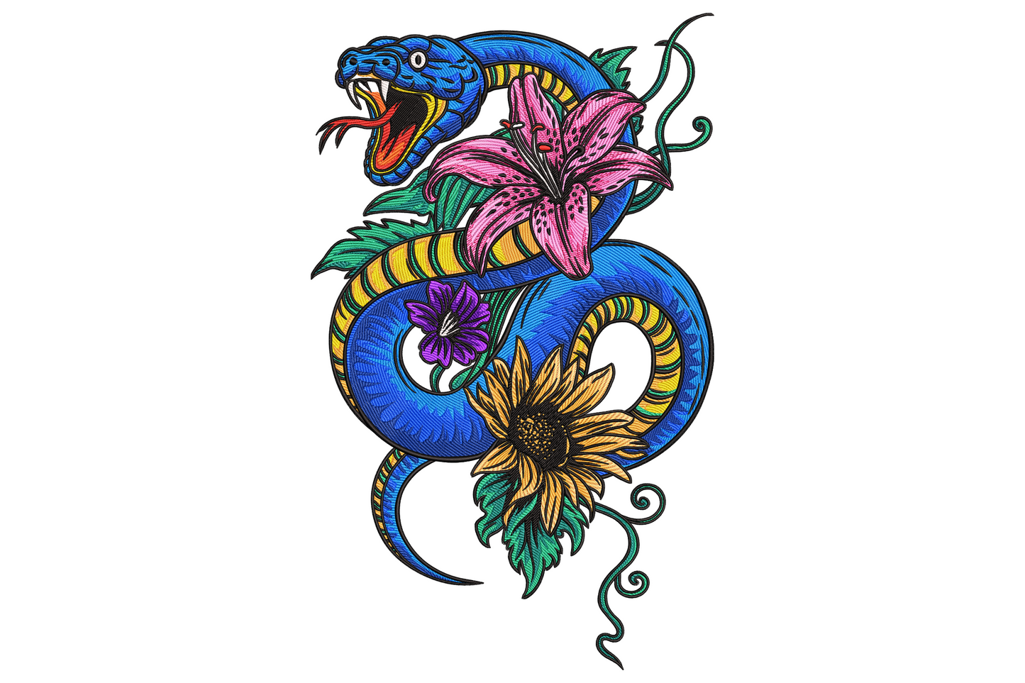 Snake with flowers embroidery design, blue snake with yellow stripes coiled around pink lily, sunflower and purple violet.