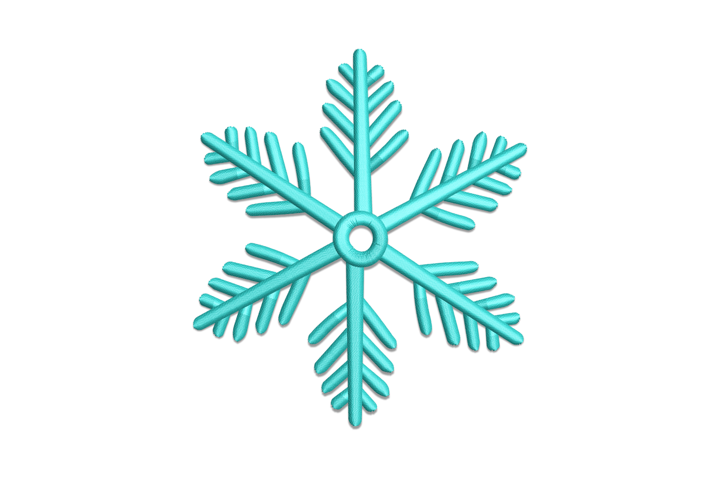 Classic 6-arm snowflake machine embroidery design in aqua satin fill on white background, symmetrical crystal shape with tapered sub-arms