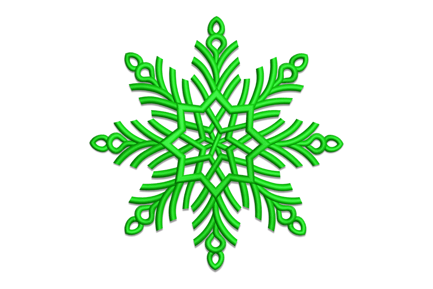 Snowflake line art machine embroidery design in dark green with feathery fern-style arms, needle-point tips and teardrop loop end caps on white background
