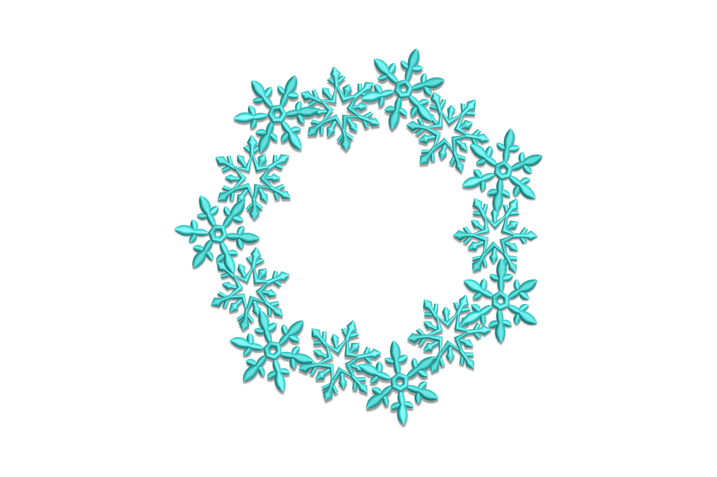 Snowflake wreath embroidery in aqua, ring of twelve detailed six-point snowflakes overlapping in a continuous circle.