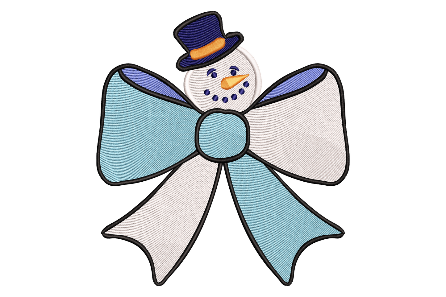 Snowman bow embroidery design with a large light blue and white satin ribbon bow and a cute snowman face with navy top hat in the centre knot.