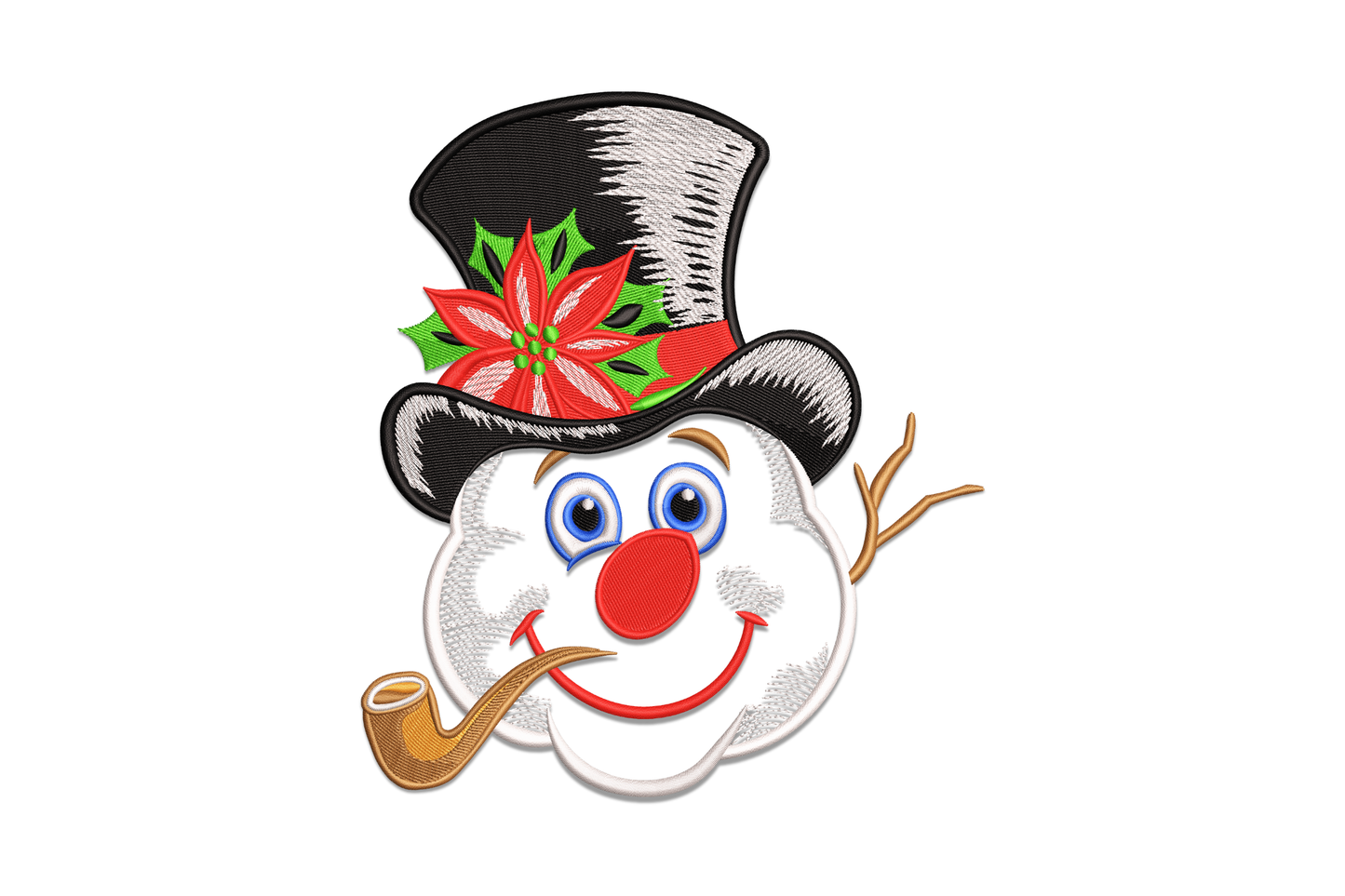 Machine embroidery design of a snowman face with black top hat, red poinsettia, aqua eyes, red nose and brown pipe, 13 colors