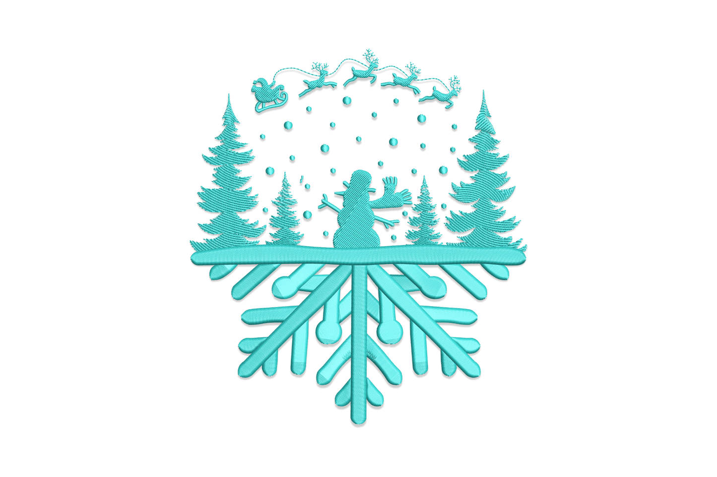 Snowman forest snowflake embroidery design in aqua thread, split composition showing winter pine scene above and geometric snowflake below, 4 sizes from 4 to 6.72 inches.