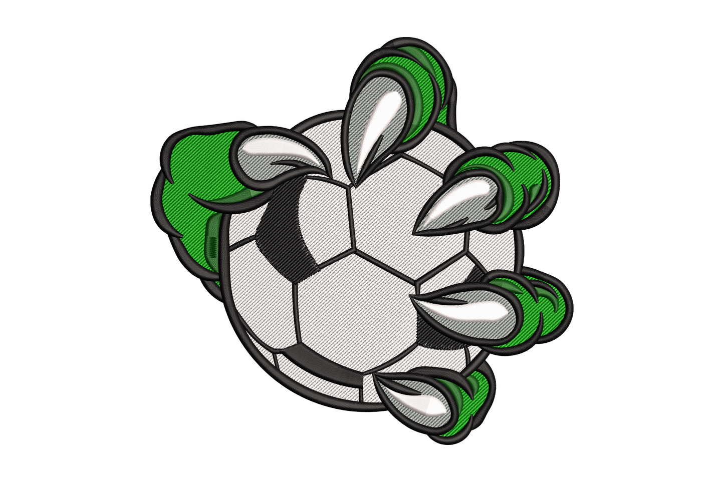 Soccer ball with green monster claw embroidery design showing four thick green fingers gripping a white soccer ball, heavy black outlines.