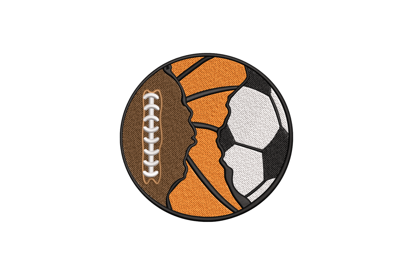 Three-sport hybrid ball embroidery design divided into football, basketball and soccer segments in brown, orange, white and black.