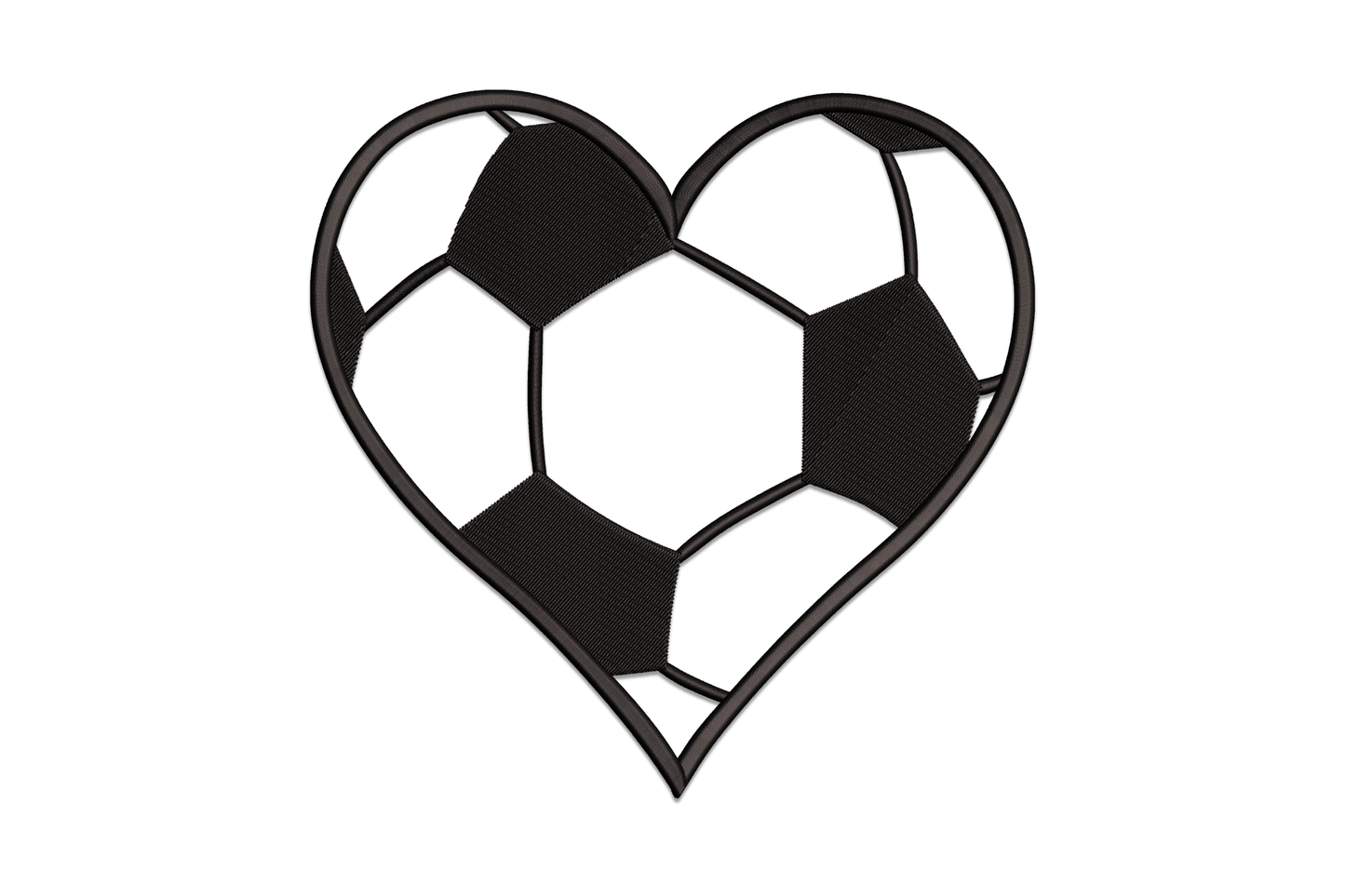 Soccer ball heart embroidery design, classic pentagon panel pattern shaped into a love heart silhouette in black thread