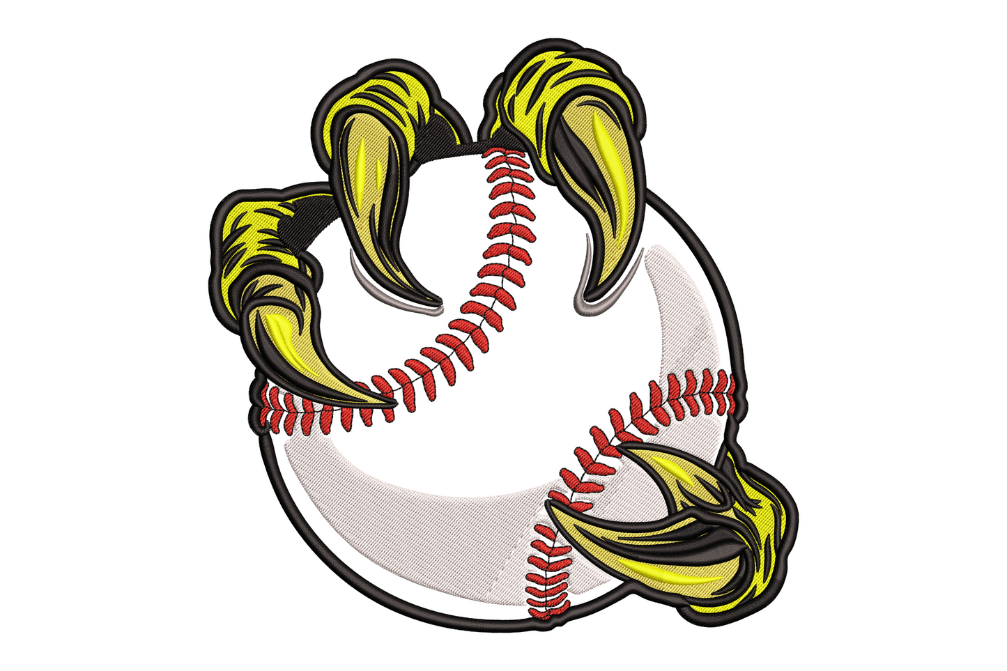 Softball claw heart embroidery with eagle talons gripping a white ball with red lace stitching, bold sports graphic, 9 sizes.