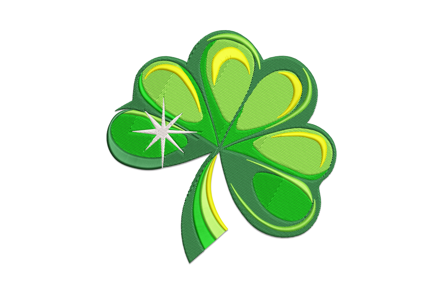 Sparkle shamrock embroidery design with kelly green satin leaves and scattered gold and white starburst sparkle points.