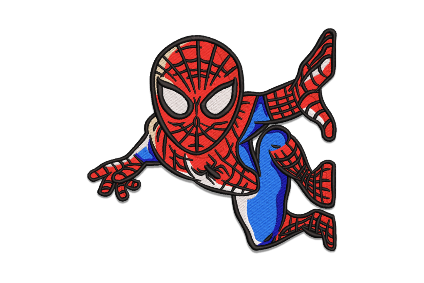 Chibi Spider-Man crawling pose embroidery design, 7 colours with detailed suit shading, horizontal wide pose with red blue and black suit