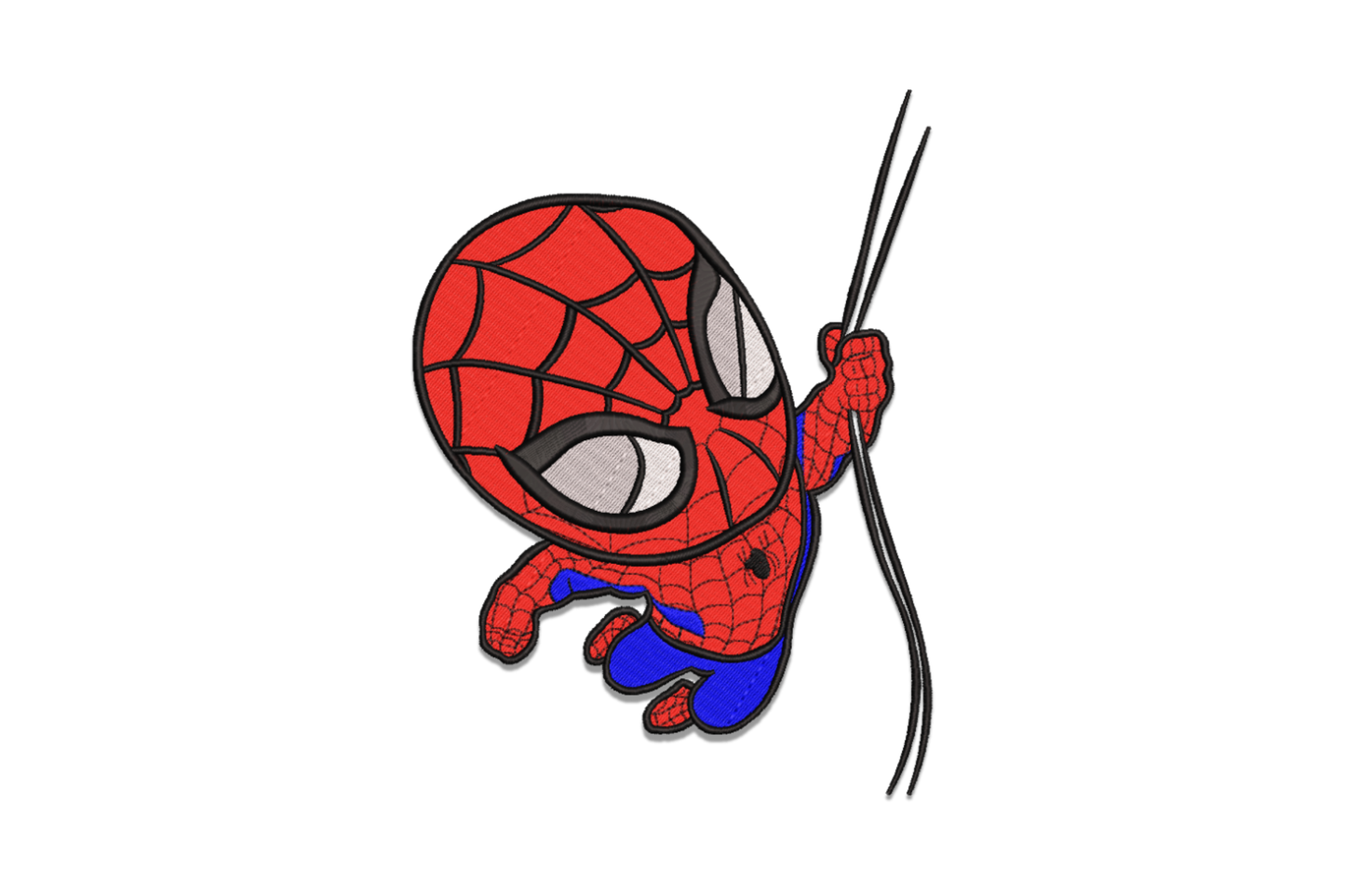 Chibi Spider-Man swinging on web embroidery design, 5 colours with rounded cute proportions, red blue and black suit with diagonal web line
