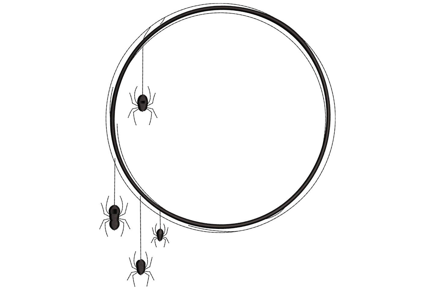 Halloween spider circle frame embroidery design with four spiders hanging on threads from a bold ring, 9 sizes, single black thread.