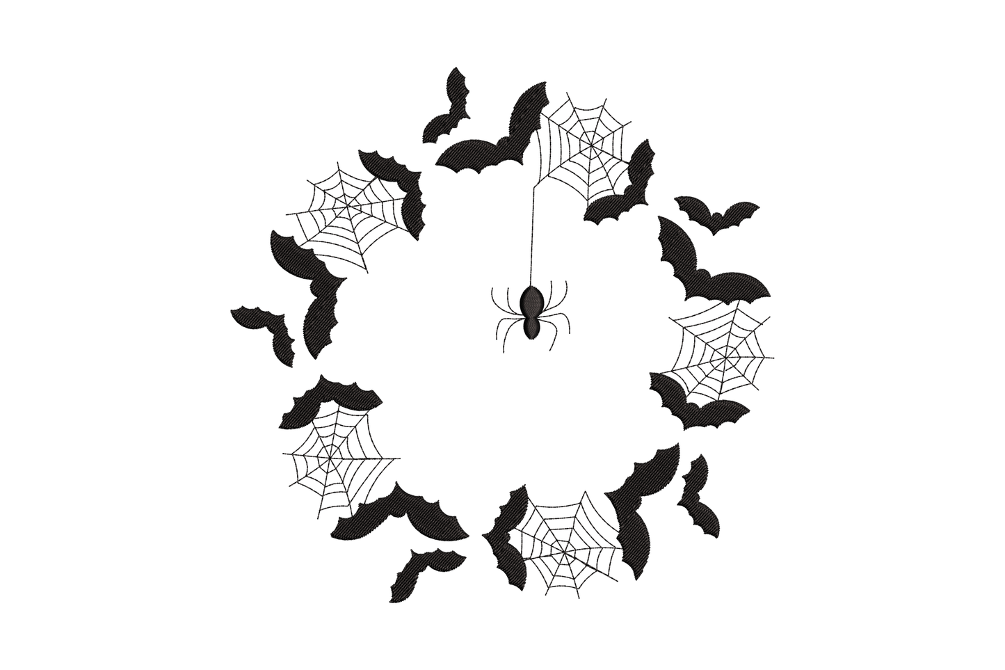 Embroidered halloween wreath of black flying bats and spider webs with a small spider hanging in the centre on a thread