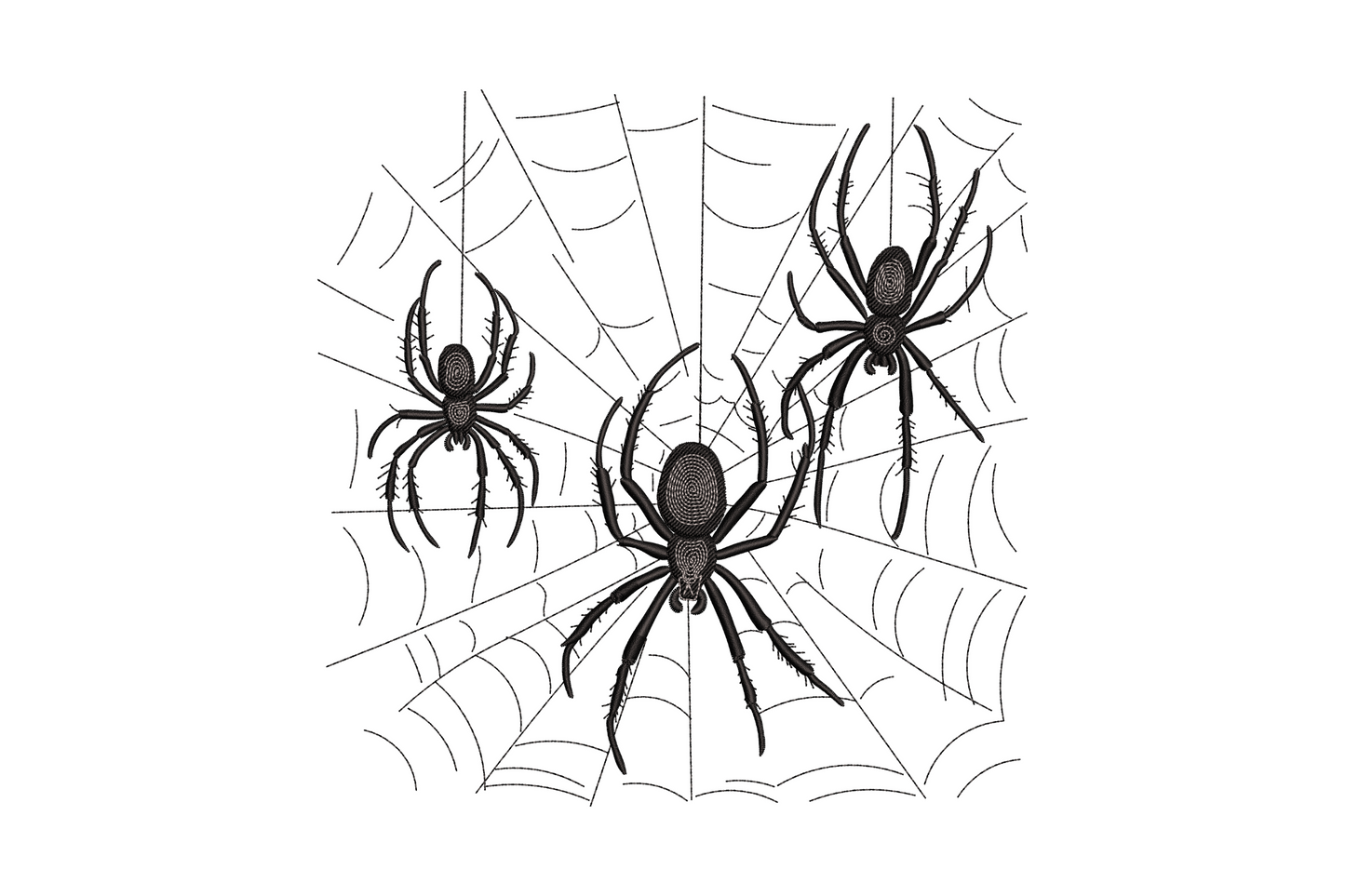 Spider web embroidery design with three detailed black hairy spiders on a radiating orb web, large spider centred at the base.