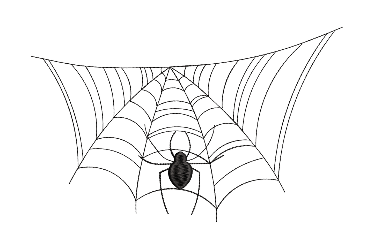 Spider web embroidery design with a hanging black spider on a single thread below the web, fine line art in a tall format