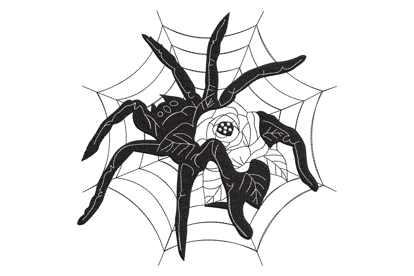 Halloween spider web with rose embroidery design, black and white 2 colors, spider at top with open rose at center, 5 sizes