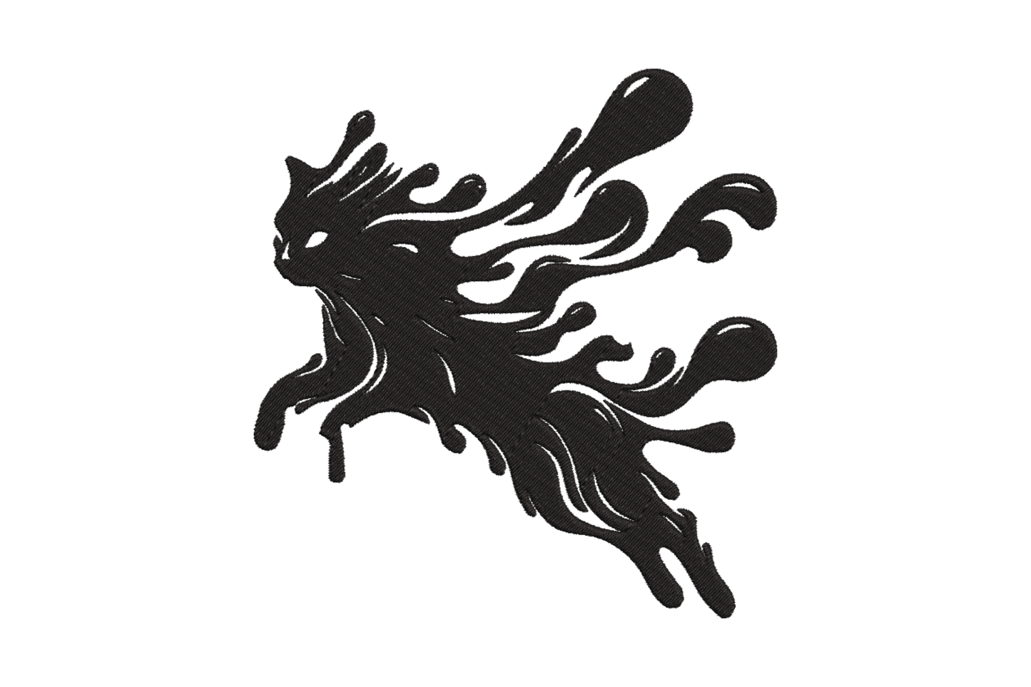 Splash cat silhouette embroidery design, bold black cat mid-pounce with water spray rays bursting outward on white fabric.