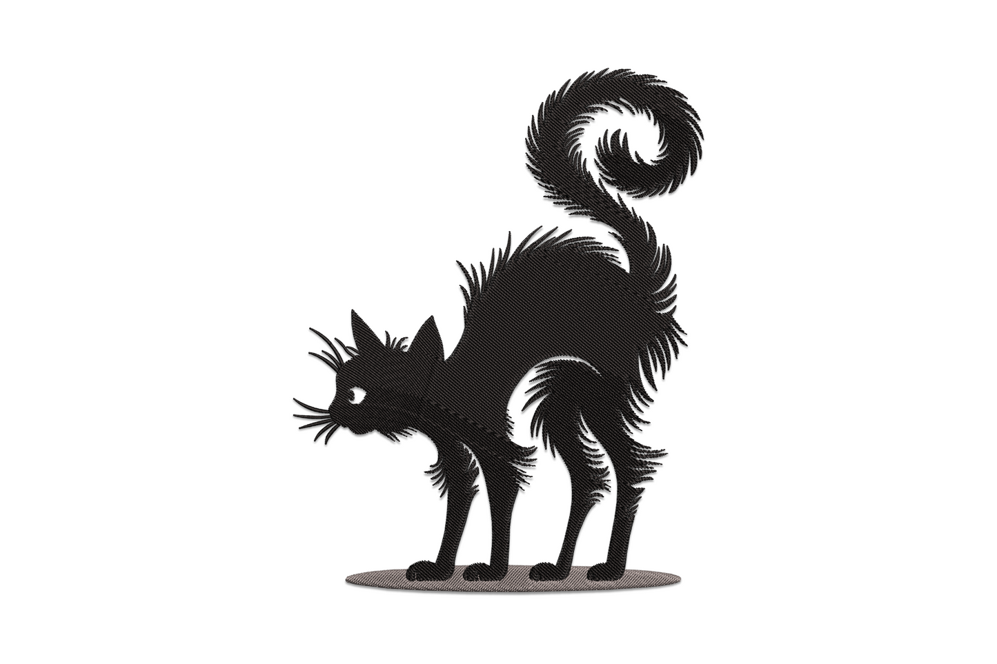 Spooky black cat embroidery design showing arched halloween cat with fur-texture satin strokes and grey shadow, 2 colours.