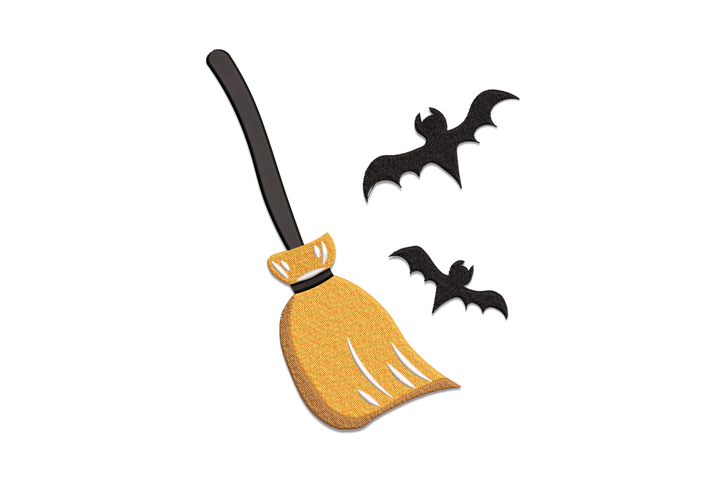 Machine embroidery design of a golden broomstick with two flying black bats, cartoon halloween style in amber and black