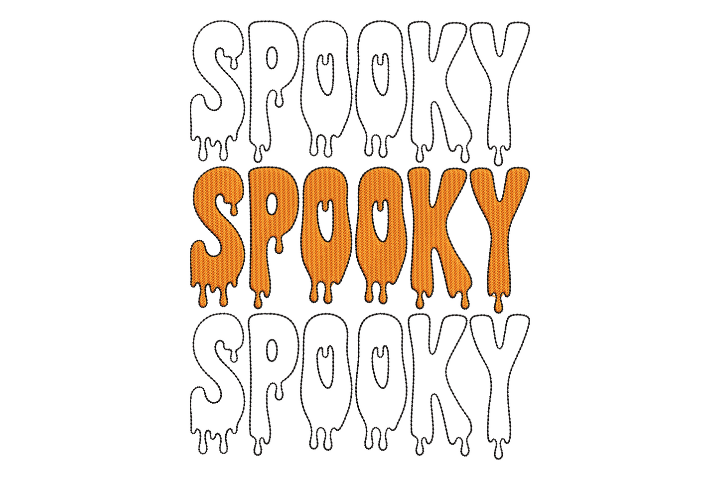 Spooky dripping letters embroidery design with tall stacked text and long tapering slime drip trails in portrait orientation, two colours, 2.72 by 3.51 inches, ghostly moody style.