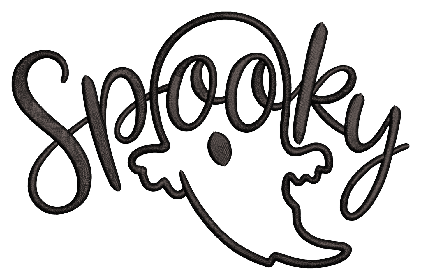 Spooky Ghost Word Art embroidery design, single colour text arranged in ghost silhouette shape, minimalist Halloween style, 3.5 by 2.27 inch compact format.