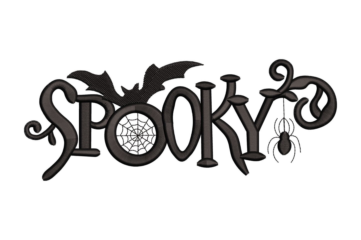 Spooky Halloween word art embroidery with bold blocky capitals, spider web in the O, bats on top and dangling spider below, black single colour.