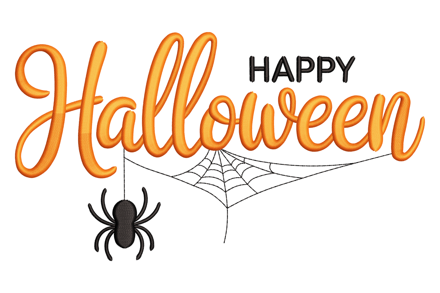 Bold spooky happy halloween text embroidery design in two colours, chunky brushed-edge block letters, 3.5 inches wide, halloween seasonal machine embroidery.