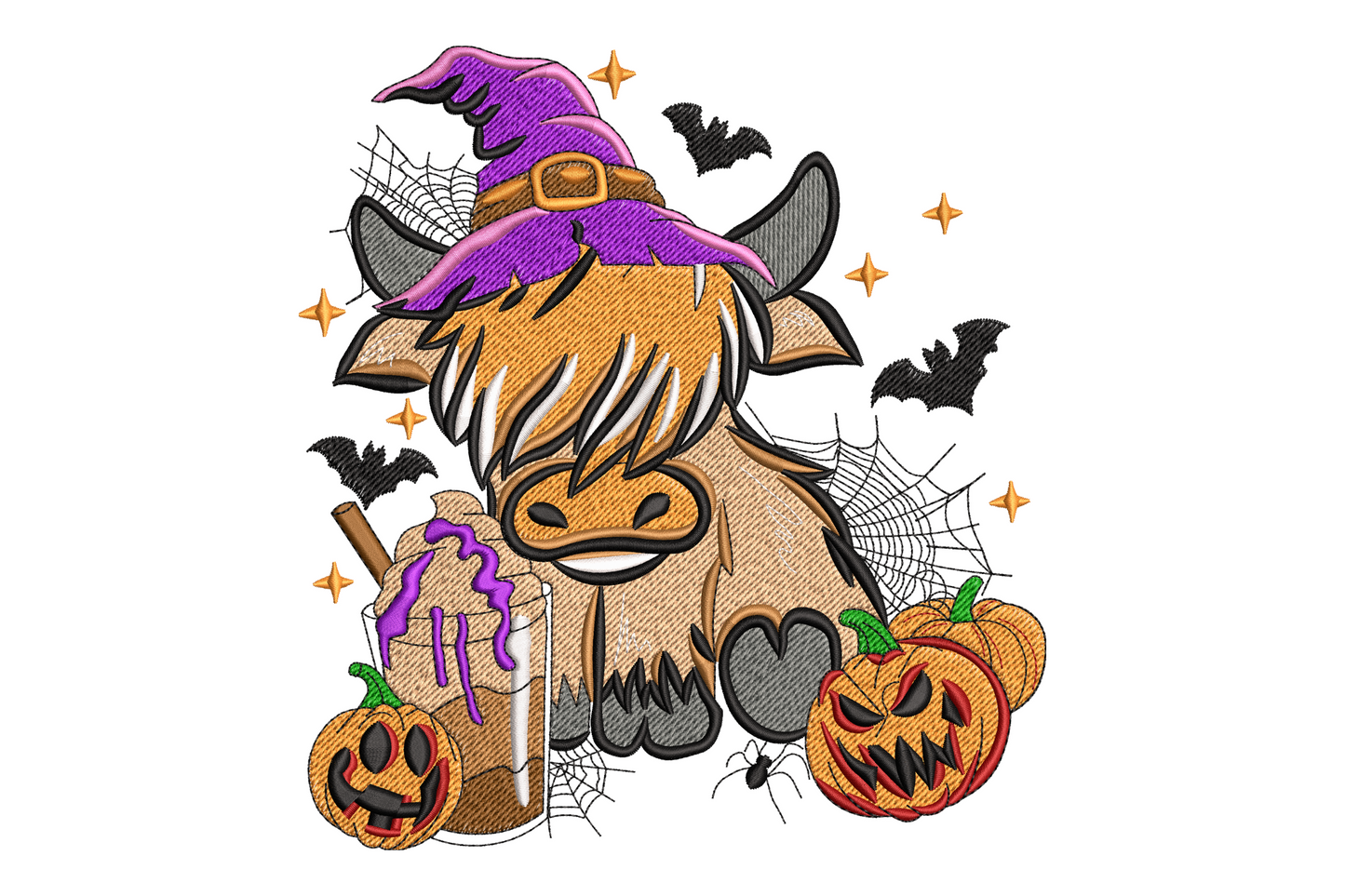 Highland cow witch hat halloween embroidery, fluffy cow with pointed hat, 11 colours, 5 sizes, farm machine embroidery