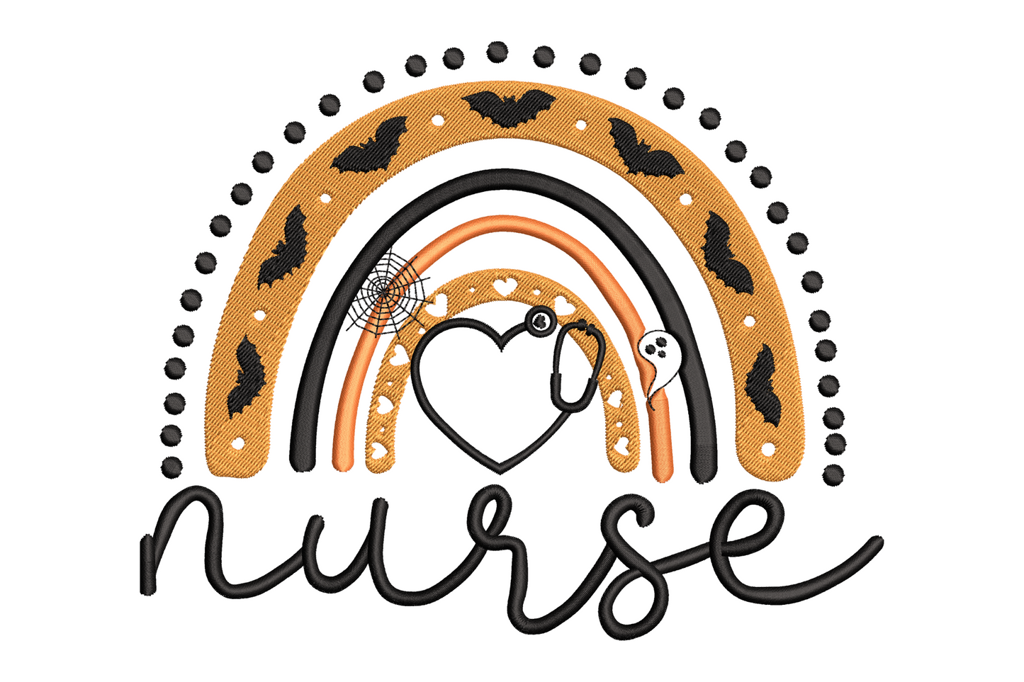 Machine embroidery design of a halloween boho rainbow with bat leopard print, ghost, stethoscope heart, and nurse script below, 3 colours, 6 sizes