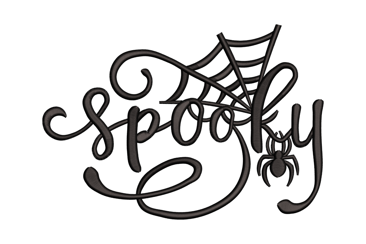 Spooky script word art embroidery in flowing lowercase cursive with spider web woven through the letterforms and hanging spider, black single colour.