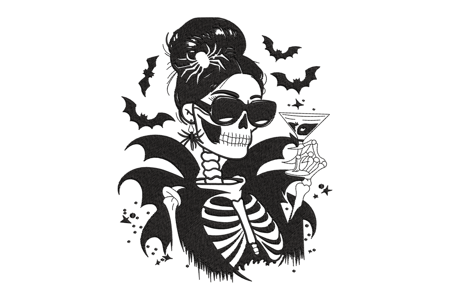 Spooky skeleton girl cocktail Halloween embroidery, solid black silhouette with cocktail glass, 6 sizes to 7.5 inches wide