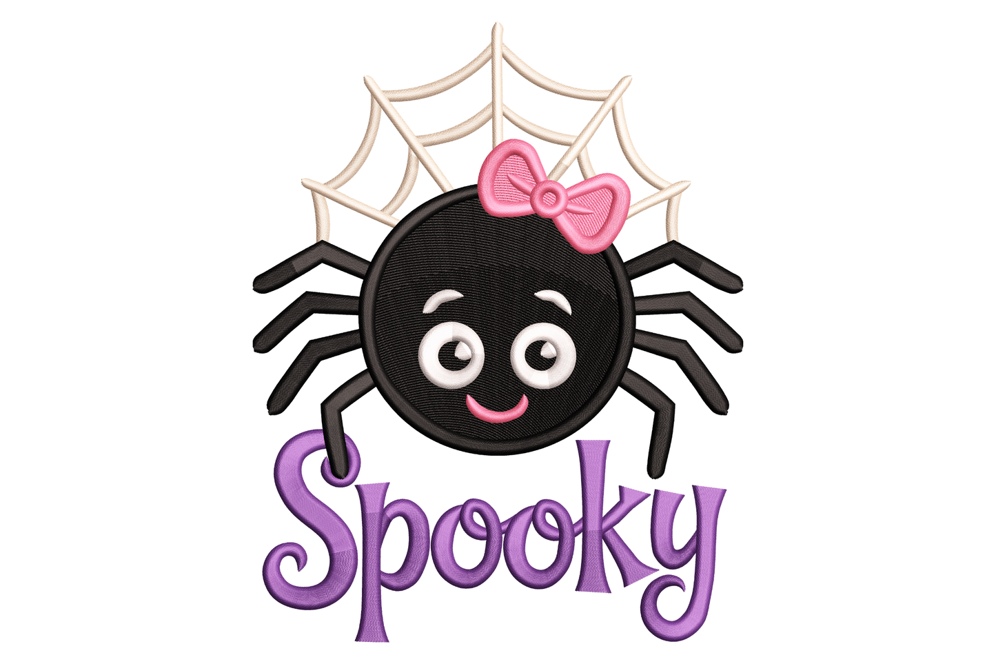 Cartoon Halloween spider with spread legs and satin body, five colours including black and burgundy, portrait orientation, 2.77 by 3.5 inches embroidery design