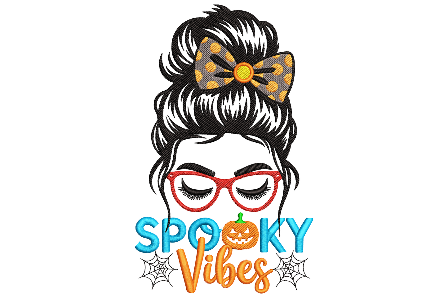 Spooky vibes halloween mom text design with bat and star accents, orange black and purple palette, wide low profile machine embroidery design for women's shirts.