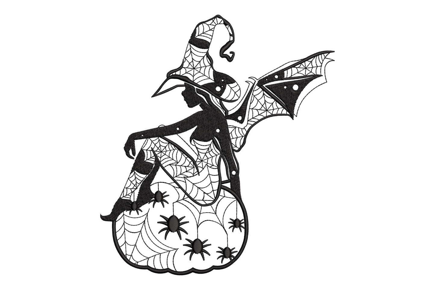 Spooky halloween witch silhouette with pointed hat, spider web and pumpkin in single black thread embroidery design, shown on white fabric background, 5 sizes from 3.5 to 7.5 inches