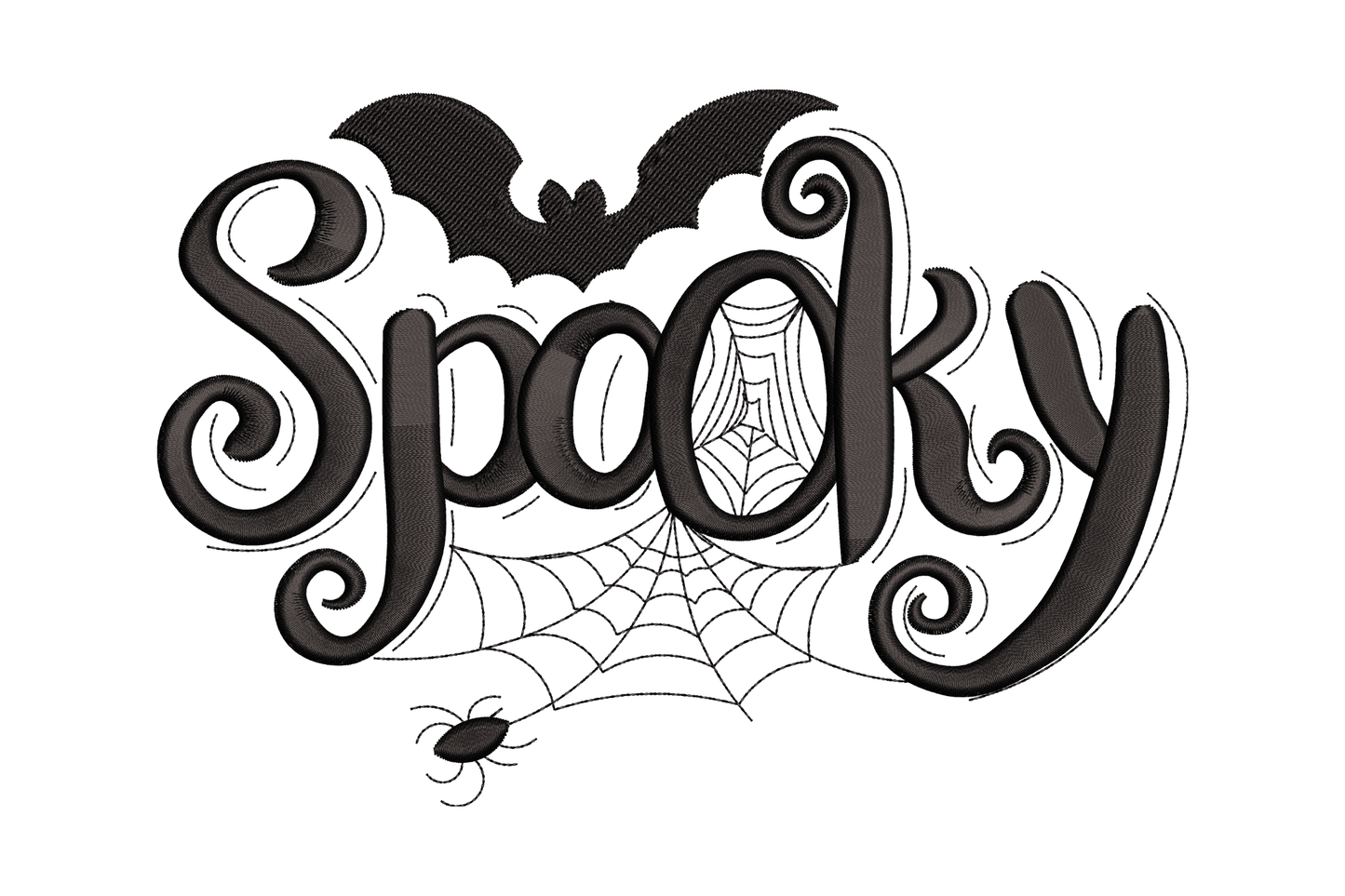 Spooky word art embroidery in gothic display lettering with spider web overlay, bat accent at top and hanging spider, single black colour.