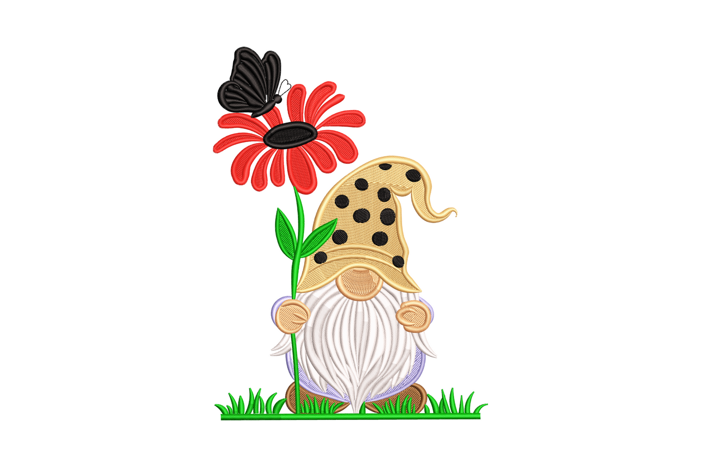 Spring gnome holding coral flower, sage hat, chunky cartoon embroidery, 5 sizes 2.59-5.53 inches, 8 colours